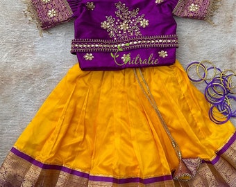 Girls Yellow Pattu Pavadai: Purple Raw Silk Top, Festive Dress
