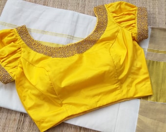 Yellow Traditional Silk Saree Blouse With Beaded Boat Neckline and Puff Sleeve