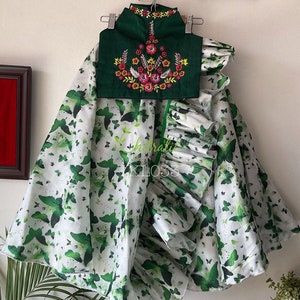 Girls Green Butterfly Lehenga Choli: Halter Neck Indowestern Langa