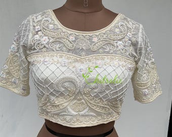 Ivory White Paisly Design Pearl Work Choli/ Christian Bridal blouse