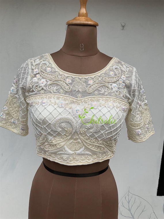 Ivory White Paisly Design Pearl Work Choli/ Christian Bridal blouse