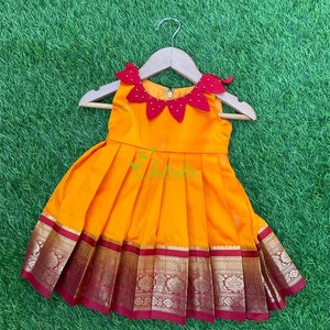 Flower Collared Yellow Orange Kanchipuram Silk Frock/ Indian