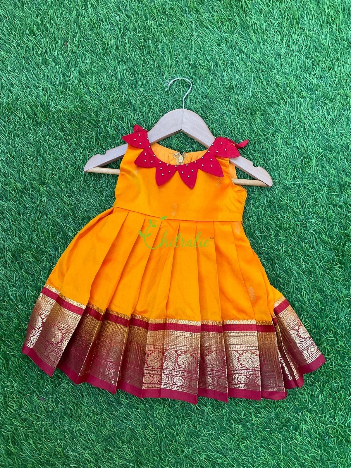 Flower Collared Yellow Orange Kanchipuram Silk Frock/ Indian