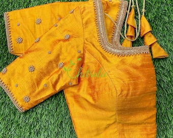 Custom Flaming Yellow Rawsilk Saree Blouse: Padded Indian Wedding Top