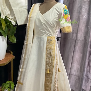 Enchanted Garden- Floral Blossom on Kerala Gold Kasavu Angarka Kurtha/ Onam Outfit