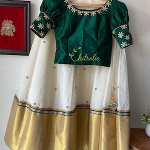 Girls Kerala Kasavu Skirt Set: Green Silk Blouse, Gold Border
