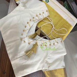 Kerala Kasavu Saree: Gold Border, V-Neck Blouse Option