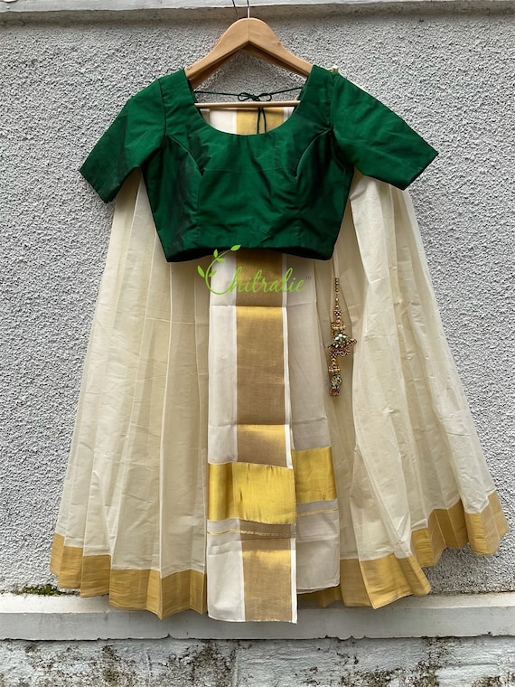 Kerala Half Saree with Green Silk Blouse/ Kerala DHAVANI for Ladies