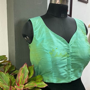 Custom Fit Raw Silk Saree Blouse: Mint Green Padded Sleeveless Top