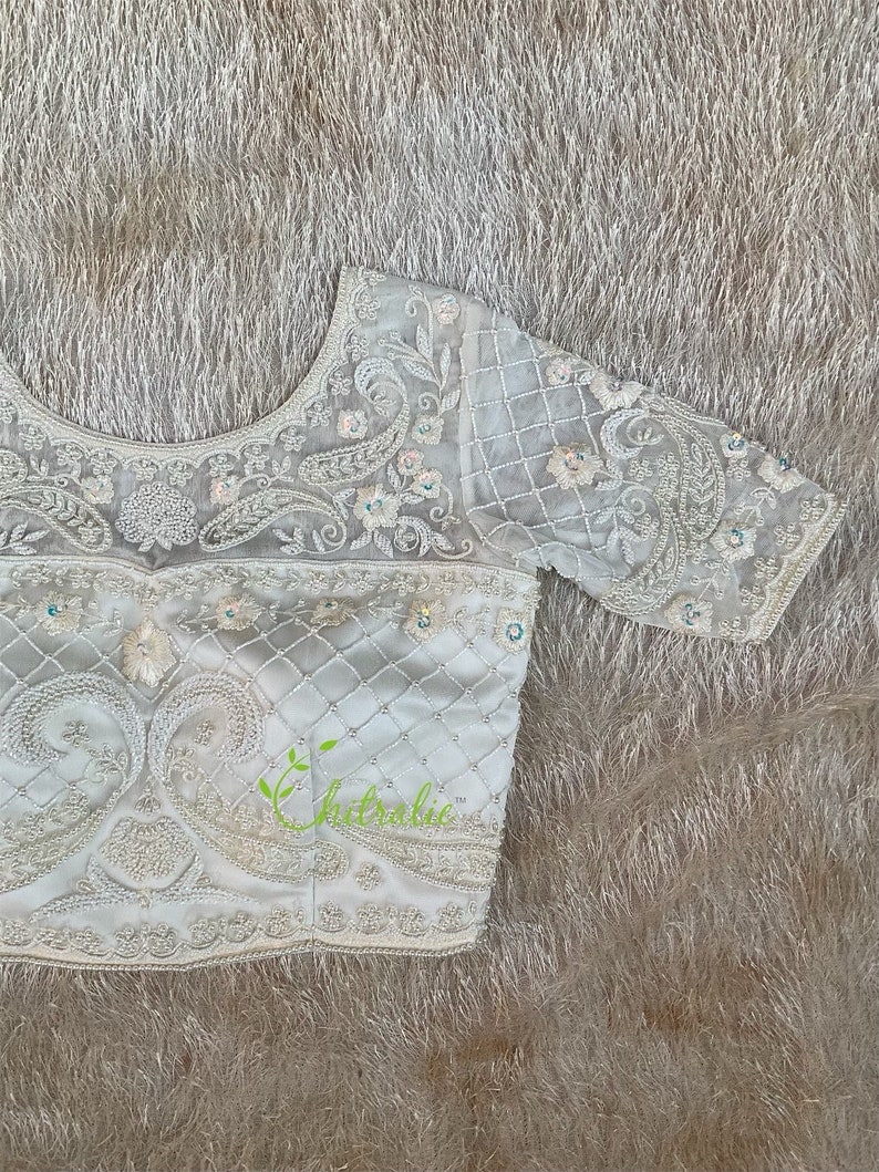 Ivory White Paisly Design Pearl Work Choli/ Christian Bridal blouse image 4