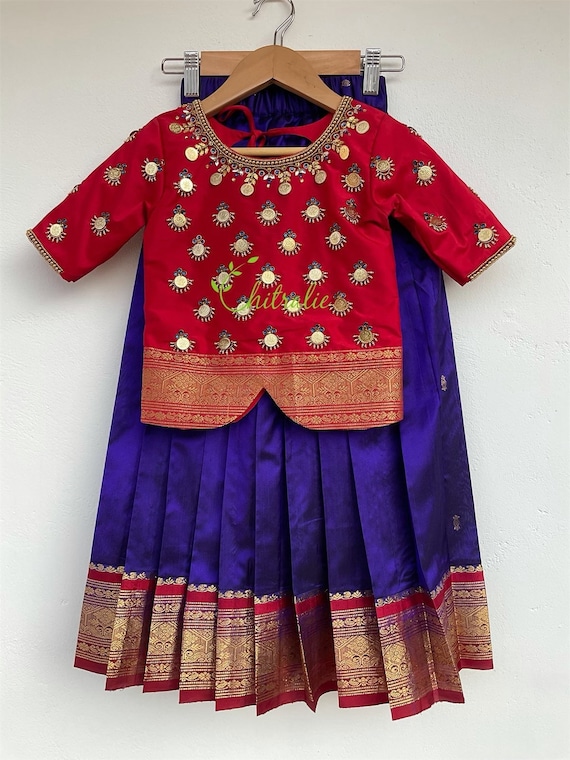 Girls Dark Blue and Dark Red Golden Coin Work Pattu Pavadai/ Indian Ethnic  Wear for Girls/ Age 1-4 Years - Etsy