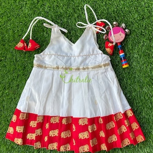 Newborn Silk Frock: Indian Pattu Dress, Red Elephant Border