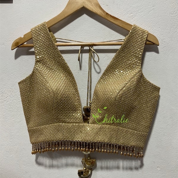 Custom Fit Indian Embroidered Gold Plunge Neckline Sleeveless Blouse