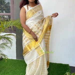 Handloom Kasavu Saree: Gold Zari, Checks & Temple Design