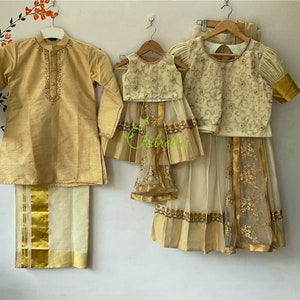 Kerala Traditional Wear For Onam/ Gold Kasavu Sibling Set Made of Premium Quality Kerala Handloom