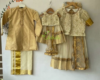 Kerala Traditional Wear For Onam/ Gold Kasavu Sibling Set Made of Premium Quality Kerala Handloom