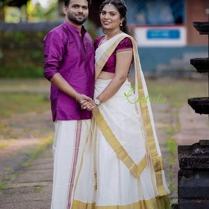 Handloom Kerala Kasavu Skirt Dhavani: Gold Border, Purple Silk Choli