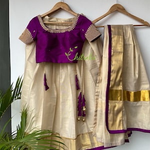 Traditional Kerala Gold Tissue Dhavani With Rawsilk Heavy Beadwork Choli For Festivals/ Kerala Wedding Lehenga For Madhuramveppu Functions