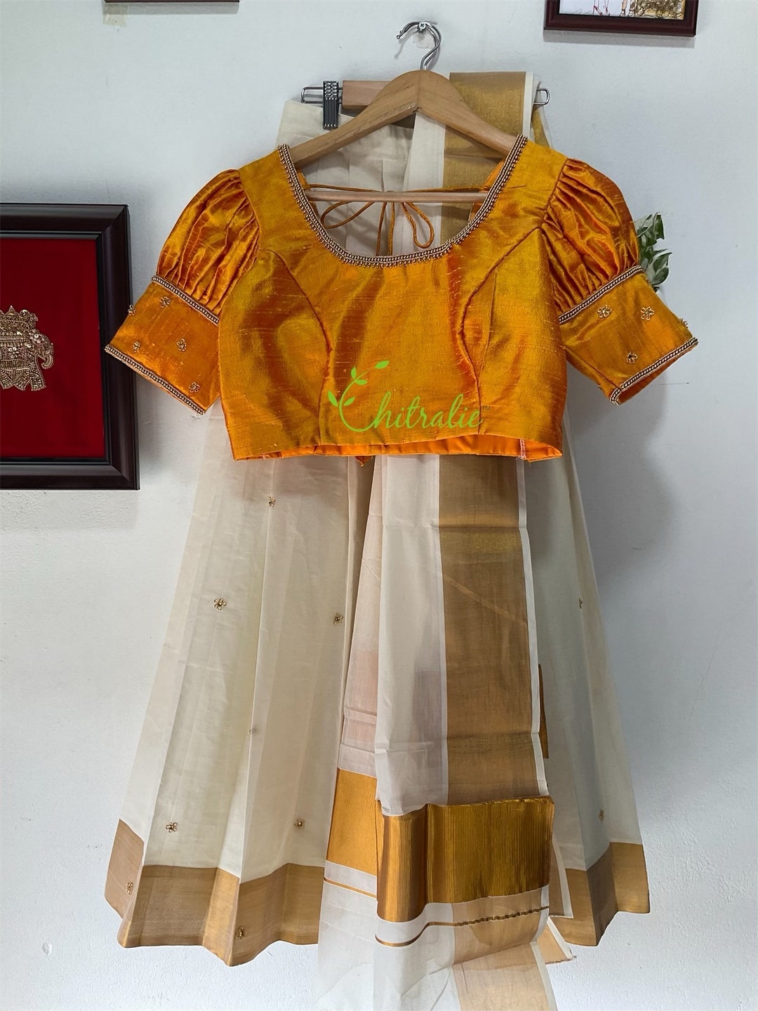 Traditional Kerala Handloom Gold Kasavu Dhavani With Yellow Etsy UK