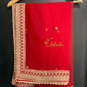 Dark Pink Net Handworked Bridal Dupatta/ Second Dupatta For Wedding/ Red Lehenga Chunni