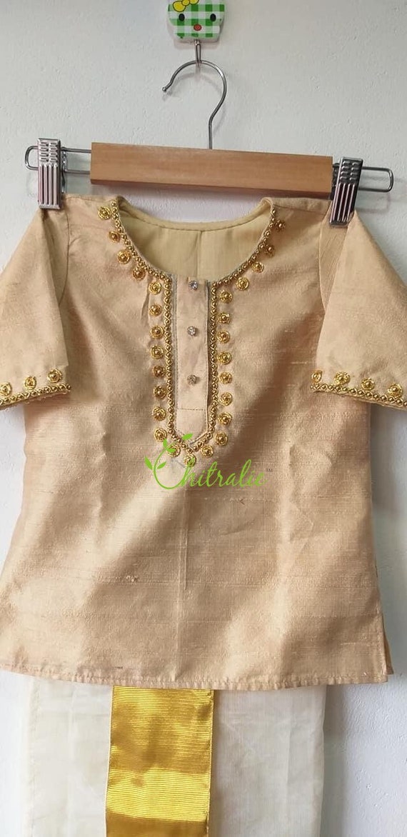 Baby Boys Gold Rawsilk Kurtha With Kerala Handloom Kasavu Mundu Indian Outfit for Baby Boy Etsy Canada