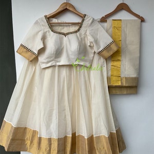 Kerala Gold Kasavu Dhavani Set: Green Kundan Choli, Handloom Half Saree