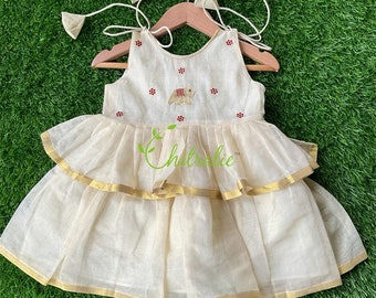 Kerala Handloom Elephant Motif Layered Toddler Knot Frock/ Newborn Baby Girls Dress/ Kids Kerala Traditional Onam Dress