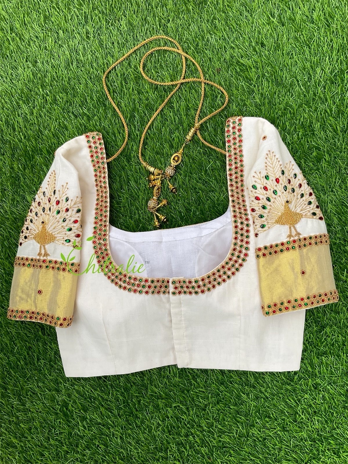 Kerala Handloom Kasavu Peacock Maggam Work Bridal Blouse/ Gold Kasavu Indian Wedding Blouse