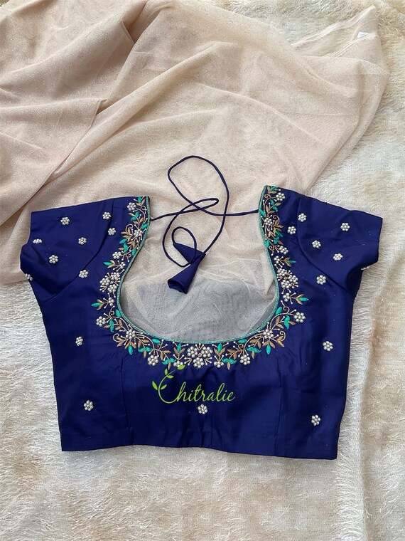 Custom Made Indian Ethnic Navy Blue Pearl Worked Designer Blouse/ Luxury Designer  Blouse - Etsy