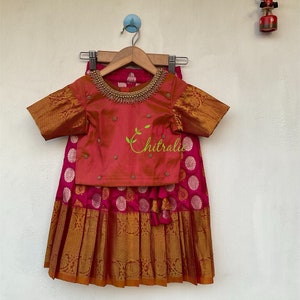 Fuschia Pink Kanchipuram Silk Skirt With Salmon Pink Top For Baby Girls