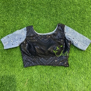 Zwart-grijze blouse met lovertjes/croptop/kant en klare designerblouse