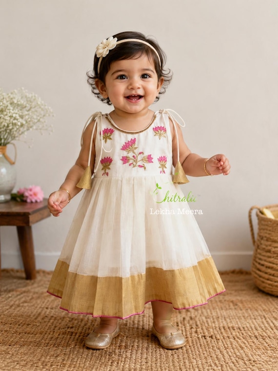 Baby Girl's Kerala Kasavu Frock Pink Lotus Indian Ethnic Outfit