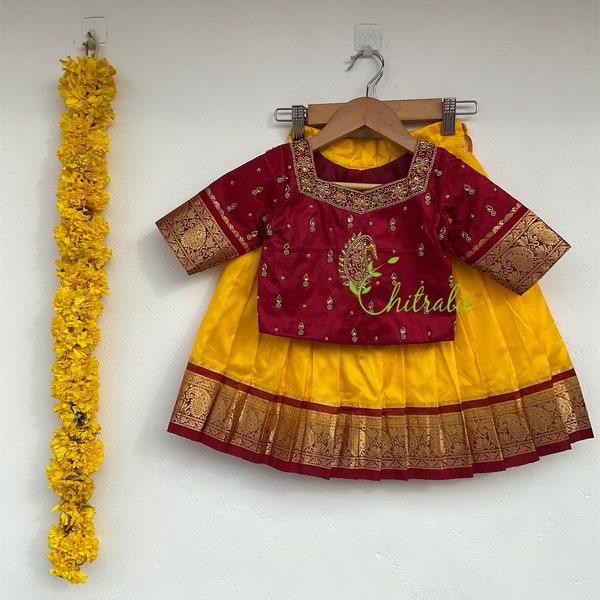 Girls Yellow Pattu Pavadai With Dark Red Maggam Work Choli/ Indian Ethnic Wear For Girls