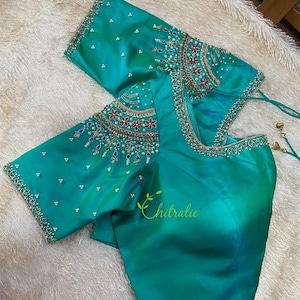 Custom Made Peacock Green Pure Silk Maggam Work Saree Blouse