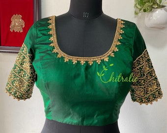 Made to Order Dark Green Silk Blouse: Indian Maggam Work, Bridal Blouse
