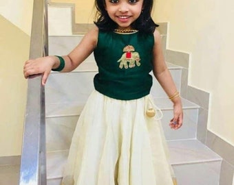 Buy Kids Georgette Kasavu Boarder Skirt With Elephant Motif Top Kids Onam Dress Vishu Outfit Online in India Etsy