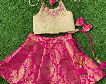 Kids Traditional Dark Pink Banarasi Brocade Lehenga Choli? Traditional Indian Ethnic Wear For Kids