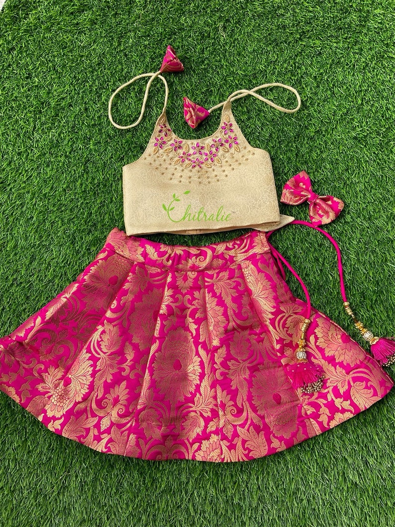 Kids Traditional Dark Pink Banarasi Brocade Lehenga Choli Traditional Indian Ethnic Wear For Kids image 1