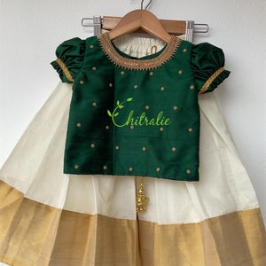 Girls Dark Green Silk Top With Kerala Kasavu Skirt/ Girls Onam Dress/ Kerala Vishu outfit