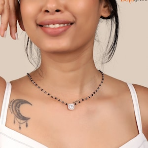 925 Sterling Silver Gauzy Cushion Cut Silver Mangalsutra | Black Beaded Mangalsutra Necklace | Wedding Jewelry | Zirconia Initial Necklace