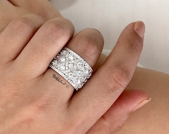 Empyrean Wide Silver Band | Wide Flat Ring with Bands| Statement Ring | 5A Cubic Zirconia | 925 Silver Band | Women's Silver Jewellery