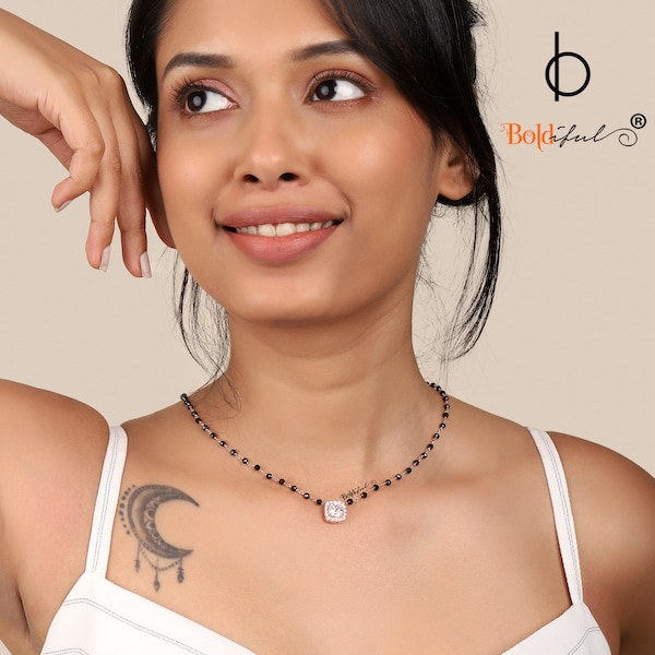 925 Sterling Silver Gauzy Cushion Cut Silver Mangalsutra | Black Beaded Mangalsutra | Bollywood Jewellery | Gift For Her | Cz Charm Necklace