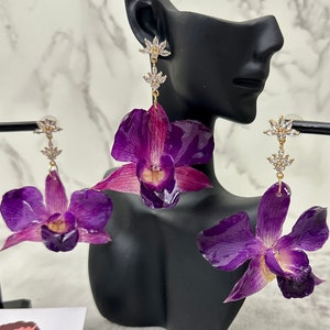 Real Purple Orchid gold plated earrings with cubic zirconia