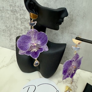 Real Purple Phalaenopsis orchid earrings Dangle with purple glass with gold plated semi-circle/ handmade jewelry/