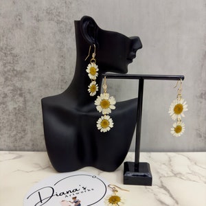 Pressed Daisy Flower Drop Earrings gold plated with cubic zirconia for spring and summer use (handmade)