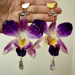 Real Purple Orchid gold plated earrings with light purple glass| handmade jewelry