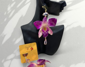 Real Purple Orchid gold plated earrings with light purple glass| handmade jewelry