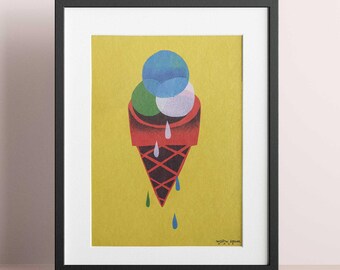 Pode incluir: Uma impressão emoldurada de uma ilustração colorida de um cone de sorvete derretendo com três bolas de sorvete. O sorvete é azul, verde e branco. O cone é vermelho e preto. O fundo é amarelo.