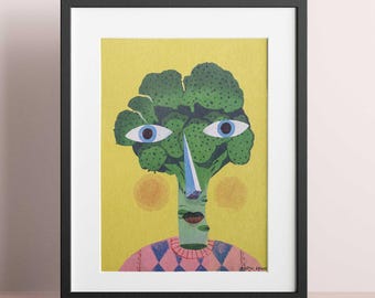 Pode incluir: Uma ilustração enquadrada de uma cabeça de brócoli verde com olhos azuis e um nariz azul, vestindo um suéter argyle rosa e branco sobre um fundo amarelo.