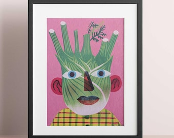 Pode incluir: Uma ilustração emoldurada de uma pessoa com uma cabeça de funcho verde, olhos azuis e uma camisa xadrez vermelha e amarela. O fundo é rosa.